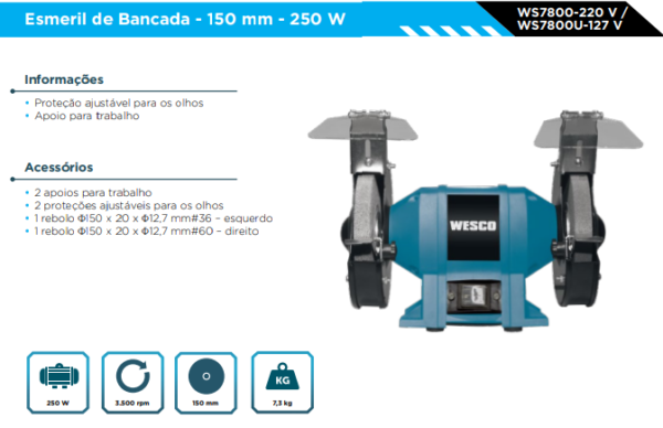 WS7800U Moto Esmeril de Bancada 250W 127V - Image 2