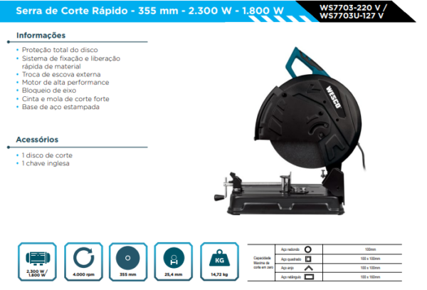 WS7003U Serra de Corte Rápido 127V 2300W - 355mm - Image 2