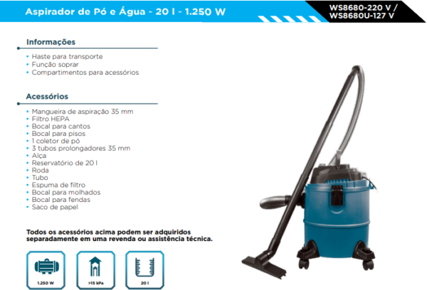 WS8680 Aspirador de pó e líquido 20L 220V - Image 2