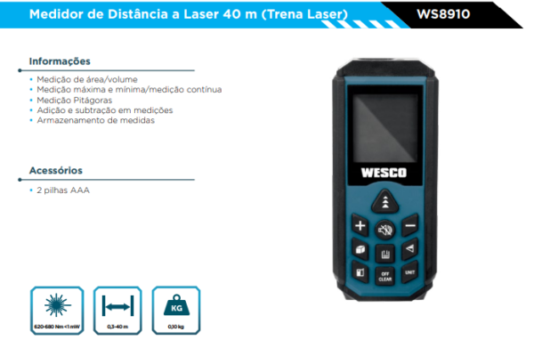 WS8910 Medidor a Distância a Laser 40 METROS  (S/ PILHA) - Image 2