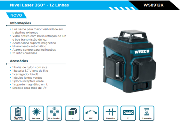 WS8912K Nível Laser 360° - 12 Linhas BAT. CARREGAVEL - Image 2