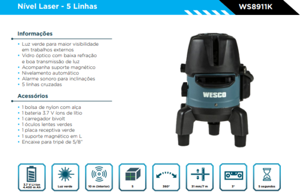 WS8911K Nível Laser - 5 Linhas 3,7V BAT.CARREGAVEL - Image 2
