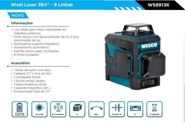 WS8913K Nível Laser 360° - 8 Linhas BAT. CARREGAVEL - Image 2