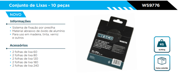 WS9776 CONJUNTO DE LIXAS PARA MASSA/MADEIRA  COM 10 PEÇAS